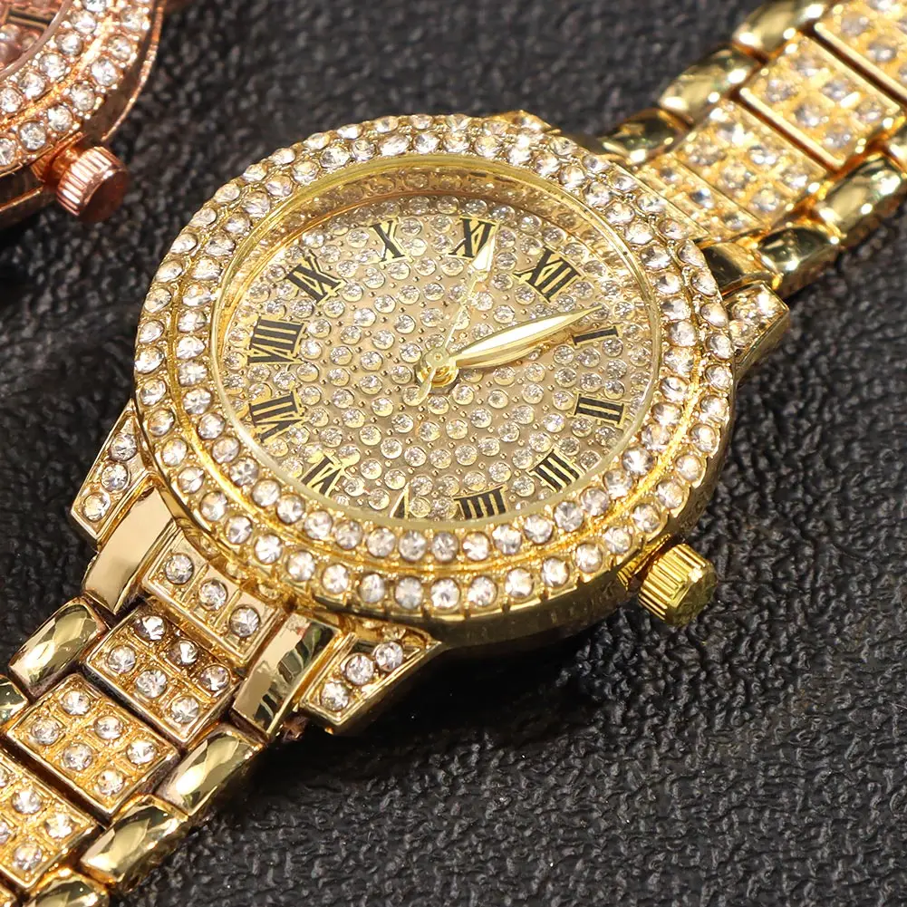 Часы женские кварцевые с браслетом шикарные золотистые наручные в стиле хип-хоп