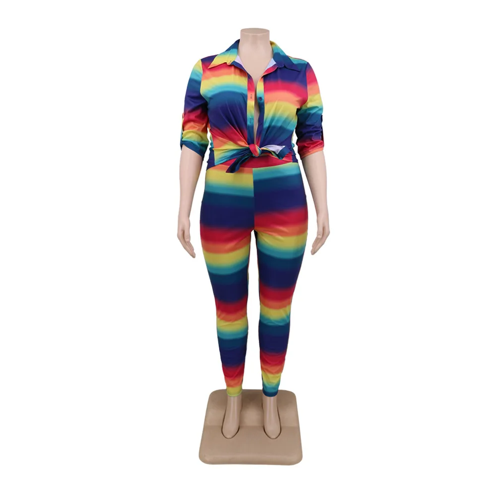Rainbow Striped Print Women Casual Two Piece Sets Fashion Plus Size Turn-down Collar Single-Breasted Shirts Skinny Pants Outfits
Rainbow Striped Print Women Casual Two Piece Sets Fashion Plus Size Turn-down Collar Single-Breasted Shirts Skinny Pants Outfits