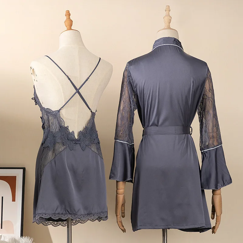 Kimono Bathrobe Gown With Lace Satin Nightdress Perspective Women Sleepwear Sexy Intimate Lingerie Summer New 2PCS Robe Set
Kimono Bathrobe Gown With Lace Satin Nightdress Perspective Women Sleepwear Sexy Intimate Lingerie Summer New 2PCS Robe Set