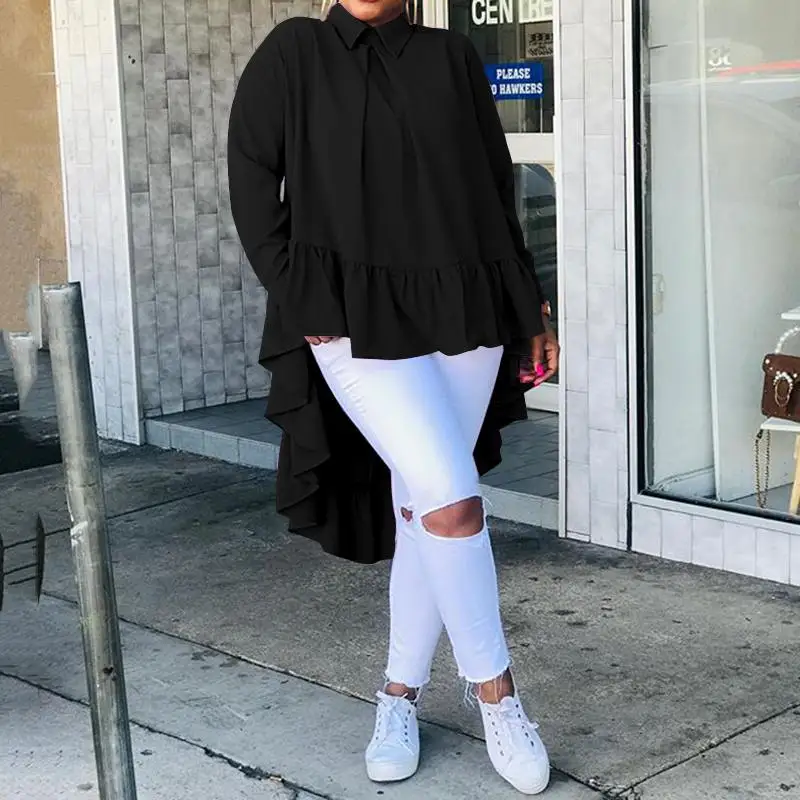 Women Asymmetrical Tops 2021 Fashion Solid Back Buttons Ruffles Shirts Long Sleeve Lapel Casual Blouses Ladies Blusas 5XL
Women Asymmetrical Tops 2021 Fashion Solid Back Buttons Ruffles Shirts Long Sleeve Lapel Casual Blouses Ladies Blusas 5XL