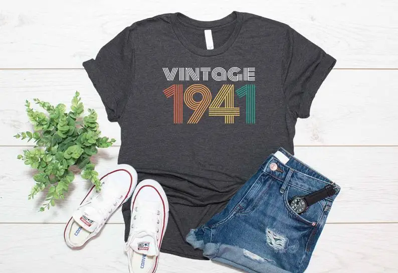 Vintage 1941 80th Birthday Gift T-Shirt Funny Graphic Cotton Women Tshirt Short Sleeve Tees Plus Size O Neck Female Clothing
Vintage 1941 80th Birthday Gift T-Shirt Funny Graphic Cotton Women Tshirt Short Sleeve Tees Plus Size O Neck Female Clothing