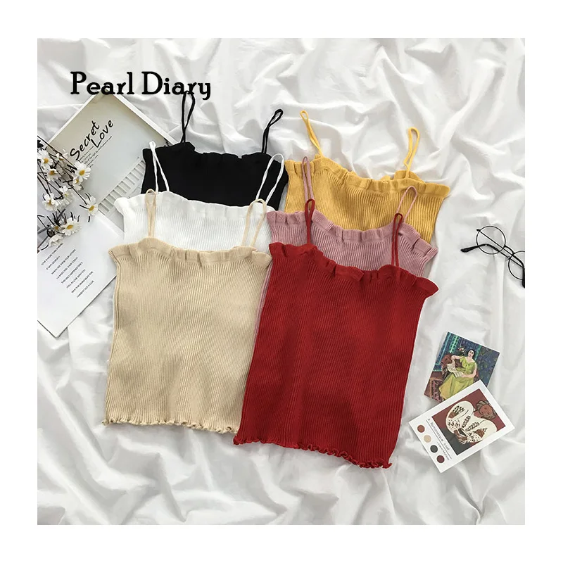 

Pearl Diary Women Spaghetti Strap Cami Knitting Crop Top Summer Rib Frill Trims Lettuce Edge Slim Fit Solid Color Cute Tops