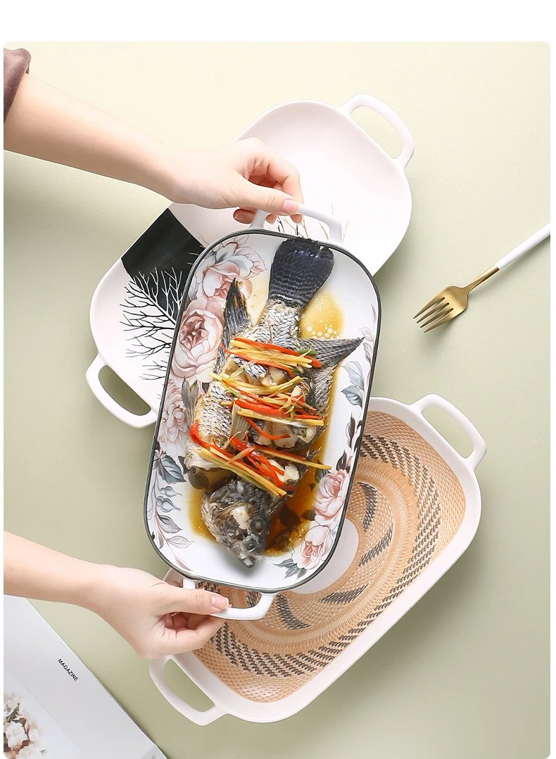 14-Inch Double-Ear Rectangular Plate Steamed Fish Baking Tray High Temperature Resistant New Dish Household Large Ceramic Plate
14-Inch Double-Ear Rectangular Plate Steamed Fish Baking Tray High Temperature Resistant New Dish Household Large Ceramic Plate