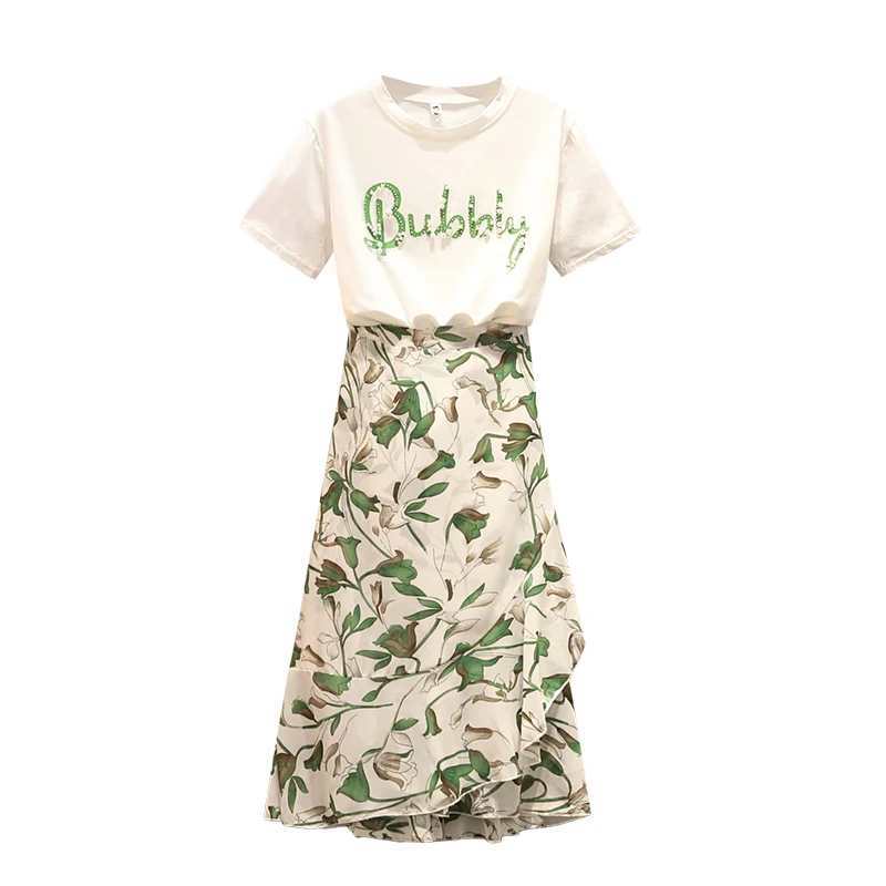 2021 Summer Women Beading Letter Short Sleeve Cotton T-shirt + Floral Ruffles Slim Skirt 2 pcs sets Female Suits
2021 Summer Women Beading Letter Short Sleeve Cotton T-shirt + Floral Ruffles Slim Skirt 2 pcs sets Female Suits