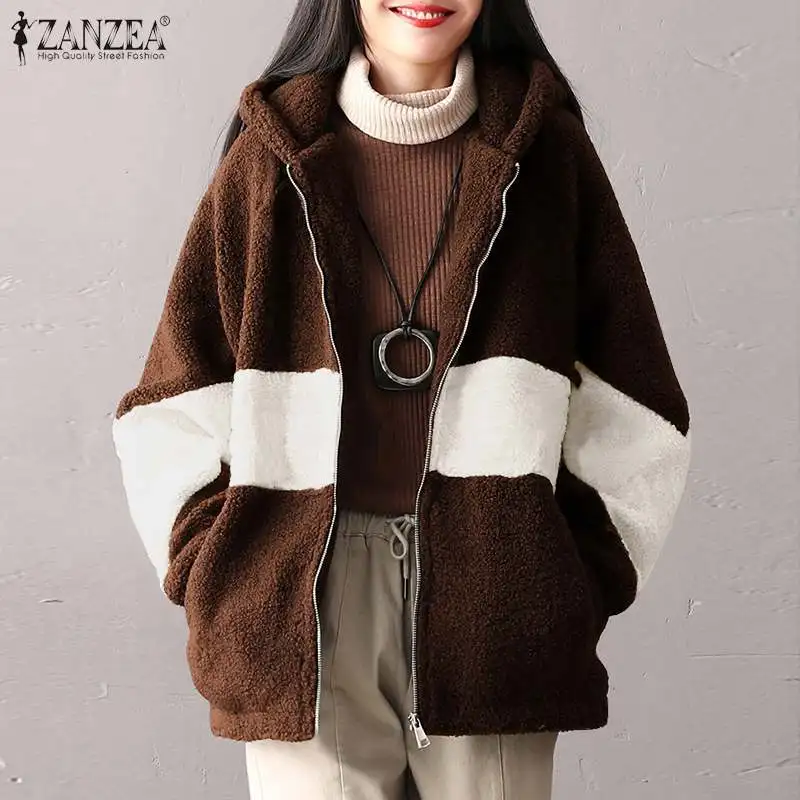 Women Fashion Lamb Wool Coats ZANZEA Solid Patchwork Jackets 2021 Autumn Winter Hooded Outwear Female Casual Oversized Warm Coat 
Women Fashion Lamb Wool Coats ZANZEA Solid Patchwork Jackets 2021 Autumn Winter Hooded Outwear Female Casual Oversized Warm Coat