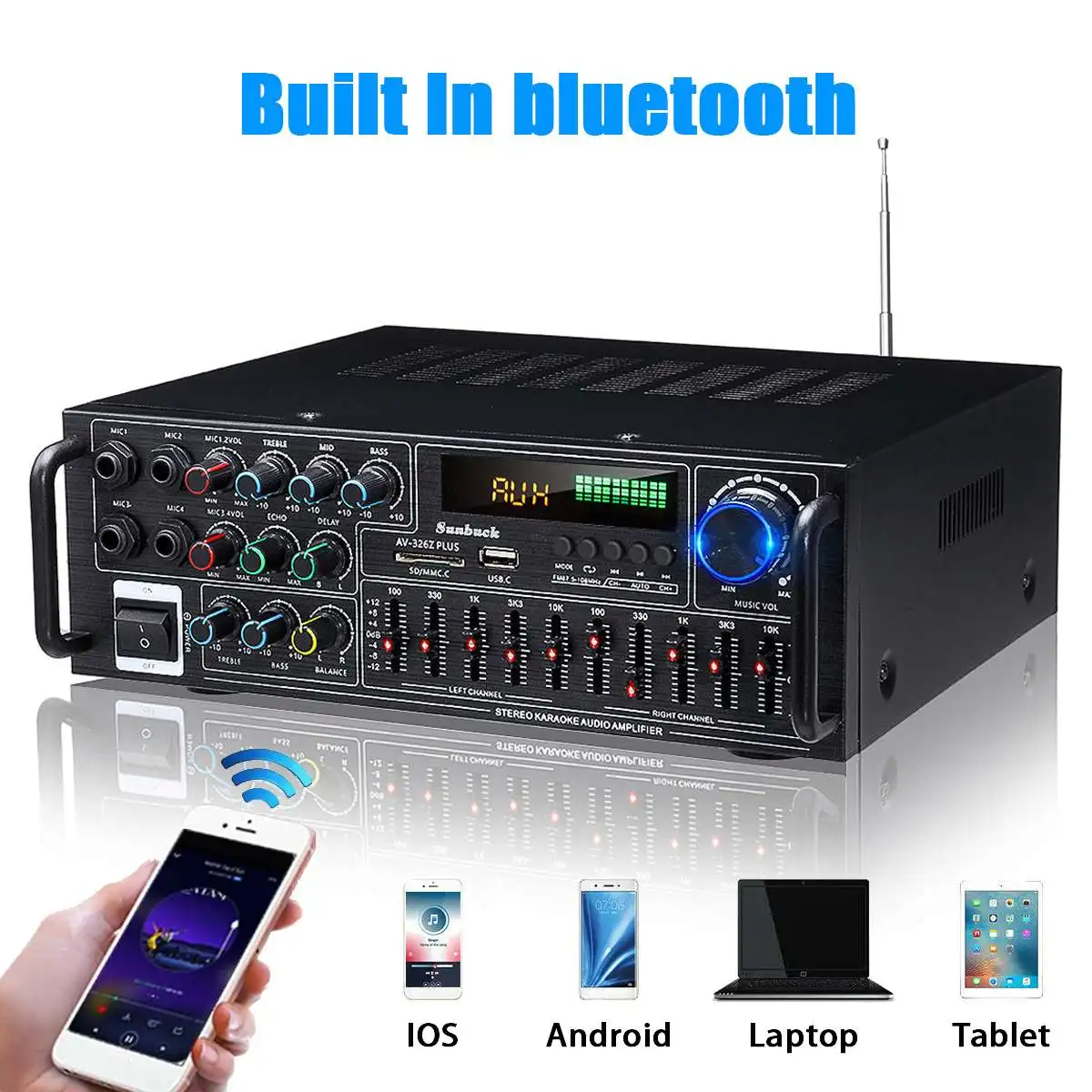 2000 Вт домашний автомобильный стереоусилитель bluetooth объемный звук USB SD AMP FM AUX 4
