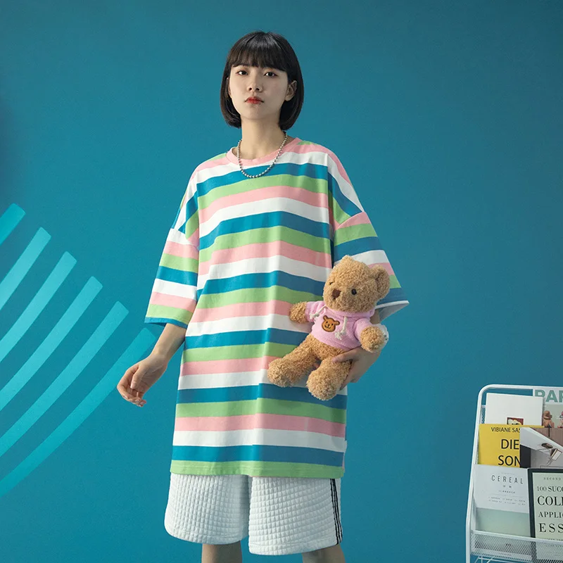 KULIQI Women Colorful Striped Summer Short Sleeve Cotton T-shirts Swag Breathable Girls Tees Fashion Tops Female
KULIQI Women Colorful Striped Summer Short Sleeve Cotton T-shirts Swag Breathable Girls Tees Fashion Tops Female