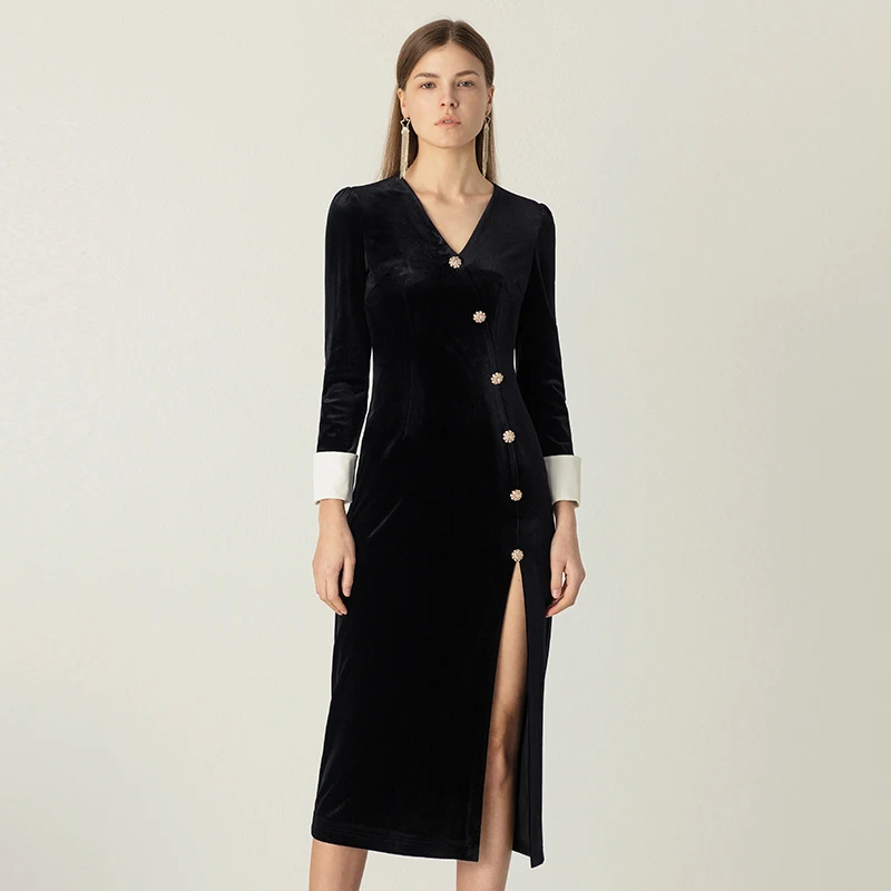 

YIGELILA New Arrivals Black Dress Vintage V-neck Single Breasted Full Sleeves Dress Empire Solid Sheath Mid-calf Dress 65451