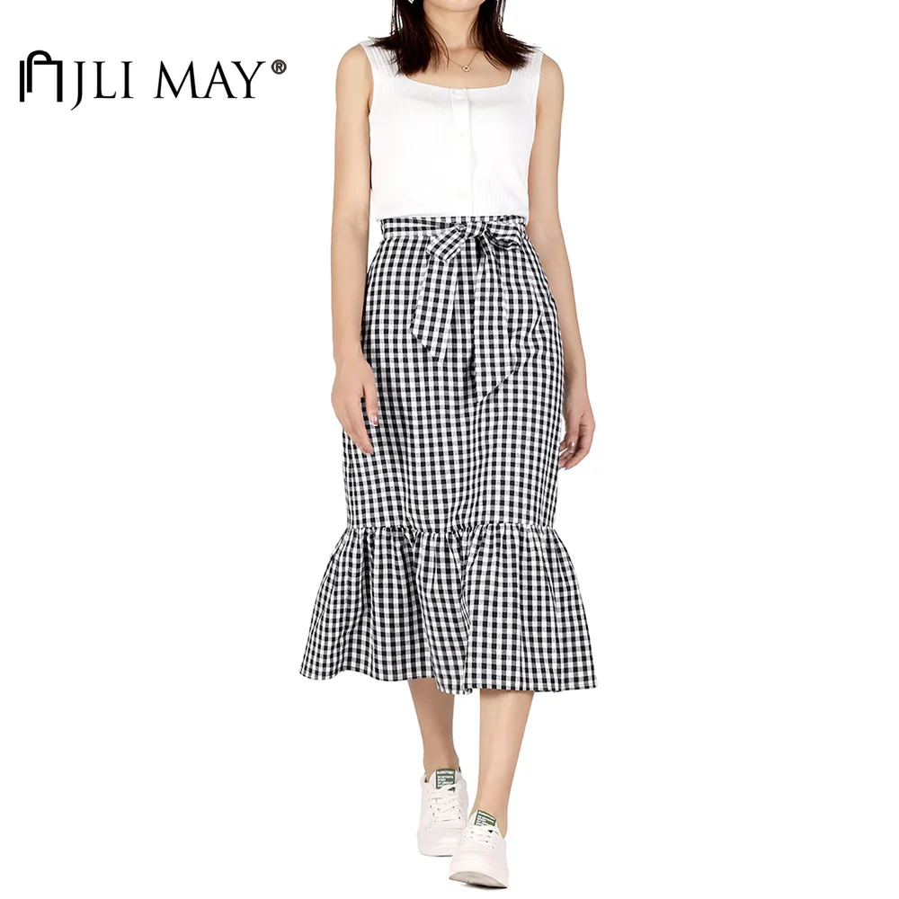 JLI MAY Women Plaid Skirts Bow Bandage High Waisted Elastic Casual Long Trumpet Skirt 
JLI MAY Women Plaid Skirts Bow Bandage High Waisted Elastic Casual Long Trumpet Skirt