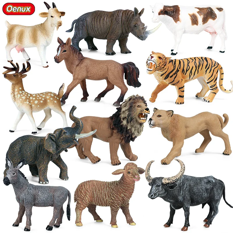 

Oenux Zoo World Wild Animal Lion Deer Tiger Elephant Model Action Figures Farm Goat Horse Cow PVC Educational Cute Toy For Kids