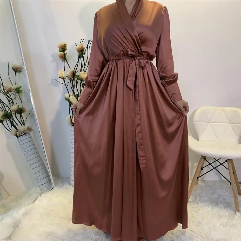 Eid Wrap Front Satin Dress Muslim Women V Neck Long Shirt Sleeve Long Maxi Dress with Pockets Summer Solid Color Turkey Modesty 
Eid Wrap Front Satin Dress Muslim Women V Neck Long Shirt Sleeve Long Maxi Dress with Pockets Summer Solid Color Turkey Modesty