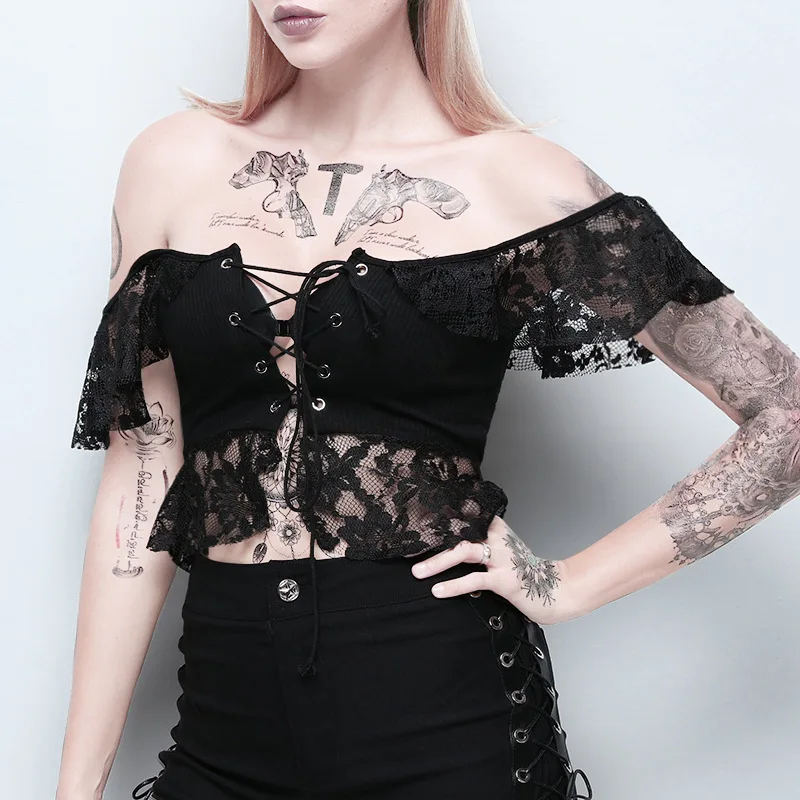 Black Lace off shoulder crop tops Mesh Hollow Out Tee Gothic Sexy Eyelet Backless Sheer Deep V-neck Tie rope T-shirt y2k top new
Black Lace off shoulder crop tops Mesh Hollow Out Tee Gothic Sexy Eyelet Backless Sheer Deep V-neck Tie rope T-shirt y2k top new
