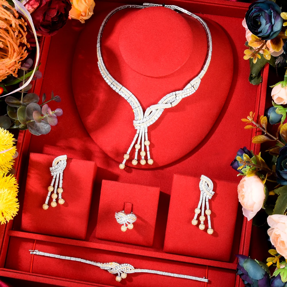 Soramoore Luxury Famous Design Nigerian 4PCS Shiny Necklace Earrings Bangle Ring Jewelry Sets For Women Wedding Bridal Jewelry
Soramoore Luxury Famous Design Nigerian 4PCS Shiny Necklace Earrings Bangle Ring Jewelry Sets For Women Wedding Bridal Jewelry