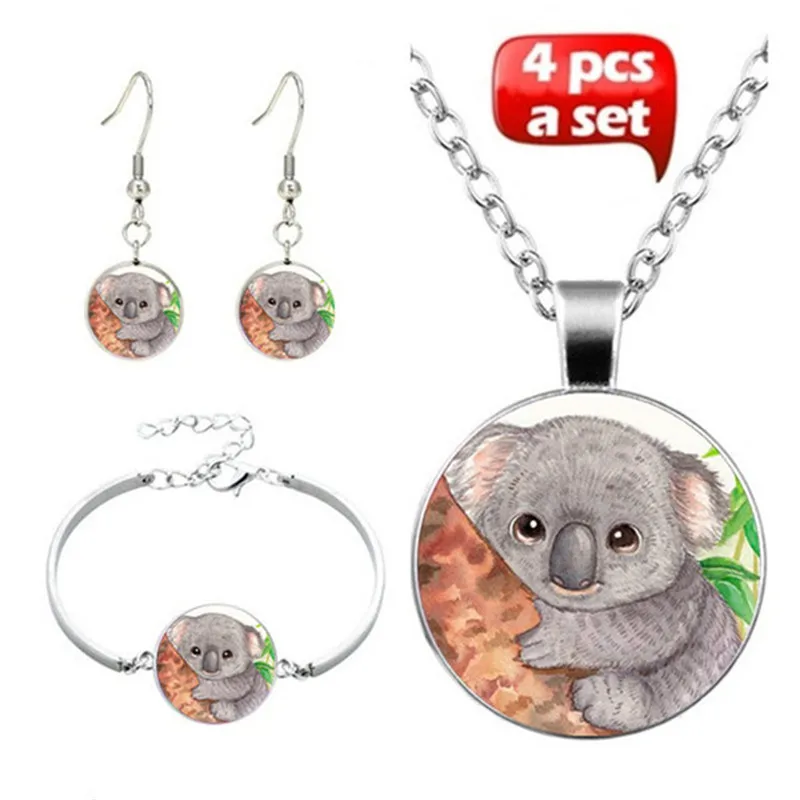 Cartoon Koala Art Photo Jewelry Set Cabochon Glass Pendant Necklace Earring Bracelet Totally 4 Pcs for Women's Girl Fashion Gift
Cartoon Koala Art Photo Jewelry Set Cabochon Glass Pendant Necklace Earring Bracelet Totally 4 Pcs for Women's Girl Fashion Gift