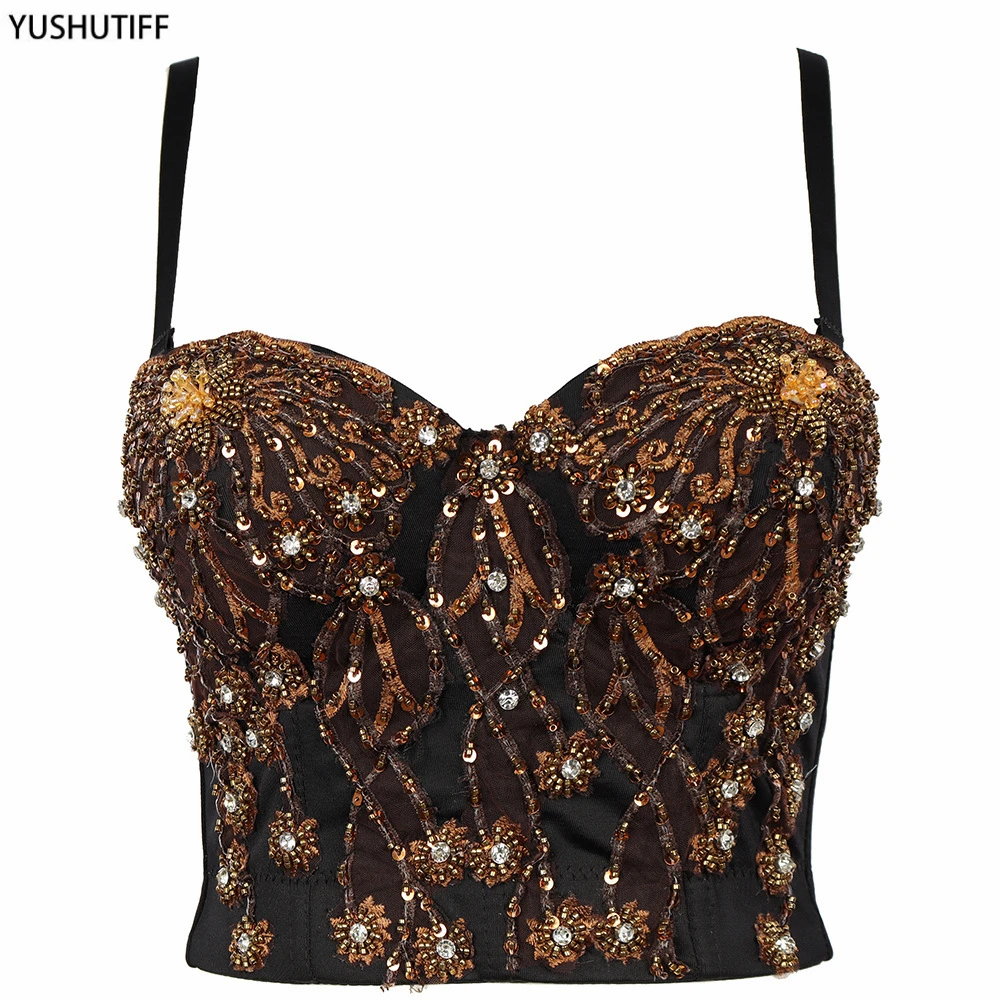 

Summer Sexy Beaded Sequins Rhinestone Corset With Cup Nightclub Party Short Women Cami In Bra Cropped Crop Top Push Up Breast