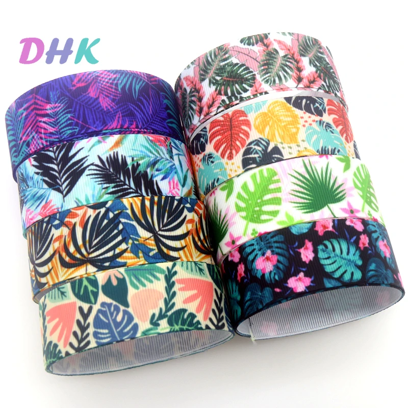 

DHK 50yards Leaf Jungle Flower Printed Grosgrain Ribbon Accessory Hairbow Headwear Decoration DIY Craft Wholesale S1531