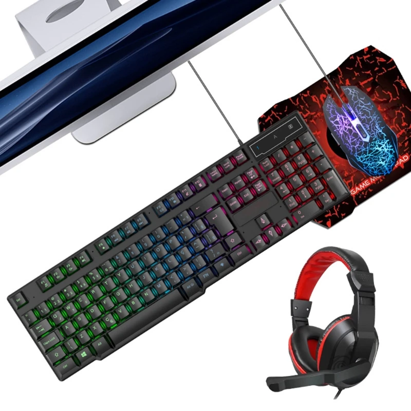 4 in 1 Gameing Keyboard items Headsets Mouse Pad set Colorful Photoelectric 1XCE
4 in 1 Gameing Keyboard items Headsets Mouse Pad set Colorful Photoelectric 1XCE