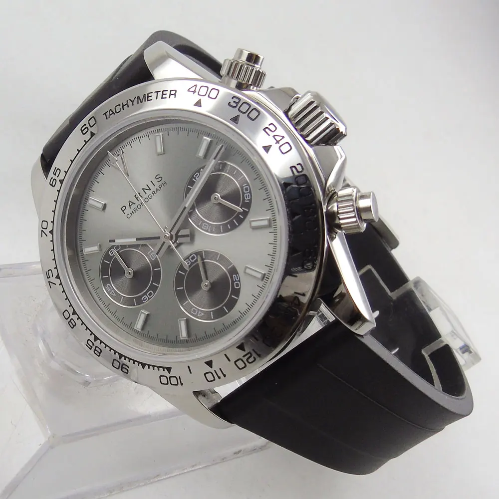 Parnis 39mm japaness quartz men's watch full chronograph Grey dial vingate sapphire glass display waterproof white mark 14
Parnis 39mm japaness quartz men's watch full chronograph Grey dial vingate sapphire glass display waterproof white mark 14