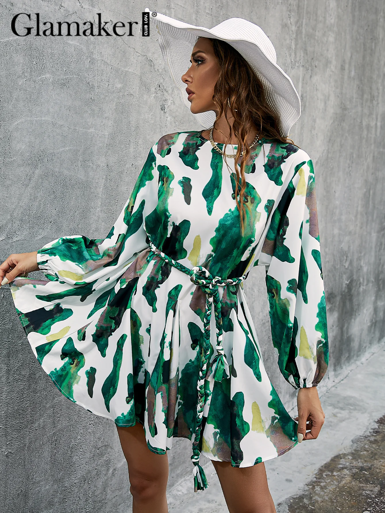 Glamaker Green camouflage printed A-line loose dreees with Braided belt Holiday beach Lantern sleeve spring dress new vestidos
Glamaker Green camouflage printed A-line loose dreees with Braided belt Holiday beach Lantern sleeve spring dress new vestidos
