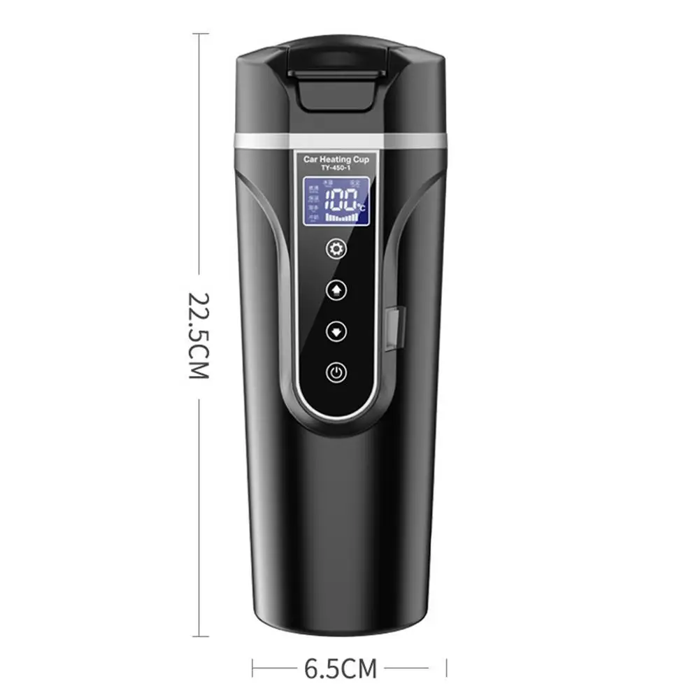12V/24V 75-90W 450ml Smart Car Electric Heating Cup HD LCD Display Car Boiling Cup Lid Portable Coffee Travel Cup Heating Cup