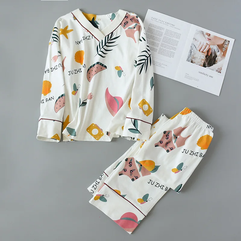 Spring Autumn Pajamas Women'S Cotton Long-Sleeved Trousers Korean Thin Style Knitted Turtleneck V Collar Sleepwear Pizama Damska 
Spring Autumn Pajamas Women'S Cotton Long-Sleeved Trousers Korean Thin Style Knitted Turtleneck V Collar Sleepwear Pizama Damska