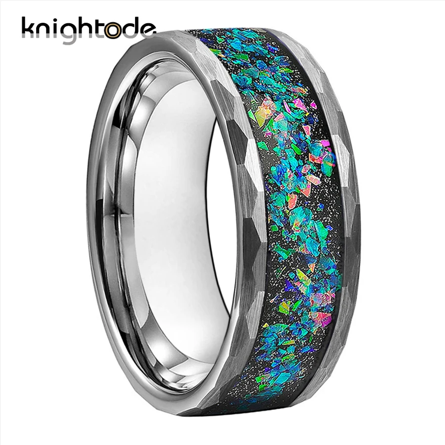 

8mm Hammered Tungsten Carbide Rings Galaxy Series Opal Inlay For Man Women Wedding Bands Silvery Facets Brushed Comfort Fit