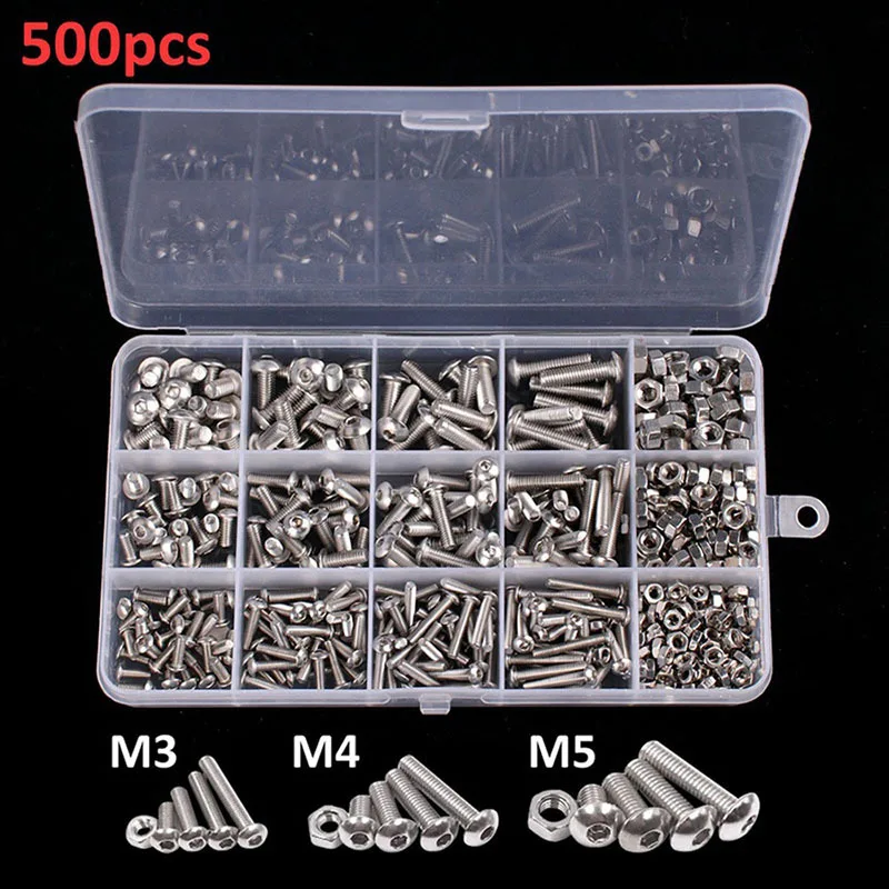 500pcs M3 M4 M5 Hex Socket Set Round Cap Head Screws Bolts and Nuts Assortment Kit with Storage Box Car Dixing Screw Accessorie
500pcs M3 M4 M5 Hex Socket Set Round Cap Head Screws Bolts and Nuts Assortment Kit with Storage Box Car Dixing Screw Accessorie
