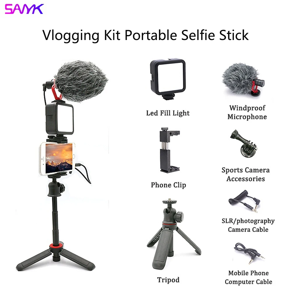 

SANYK Vlogging Kit Portable Selfie Stick Tripod Phone Stand Holder with Microphone And LED Light Designed For Live and Vlog