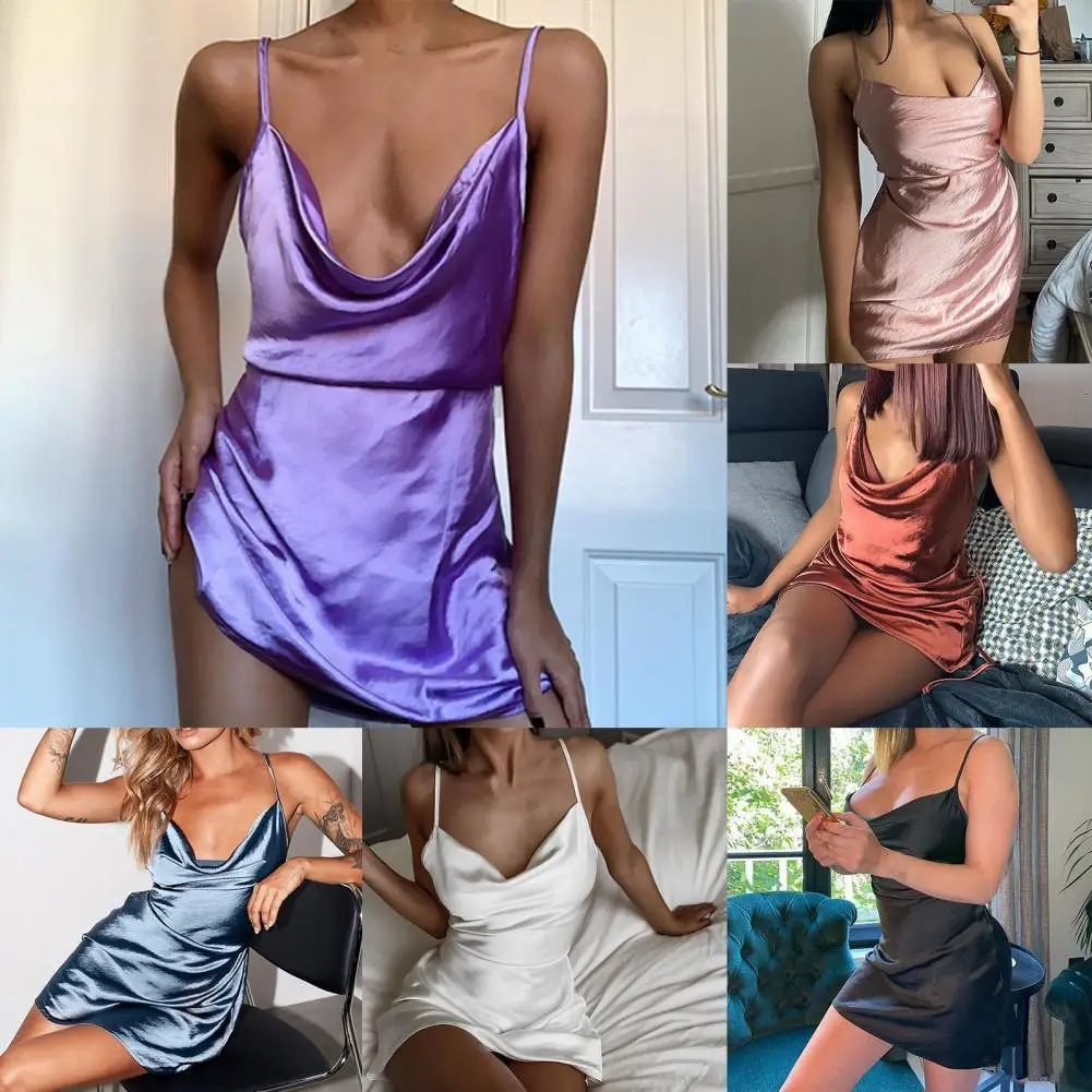 Sling Dress Adjustable Spaghetti Straps Backless Women Sexy Solid Color Bandage Satin Dress for Summer
Sling Dress Adjustable Spaghetti Straps Backless Women Sexy Solid Color Bandage Satin Dress for Summer