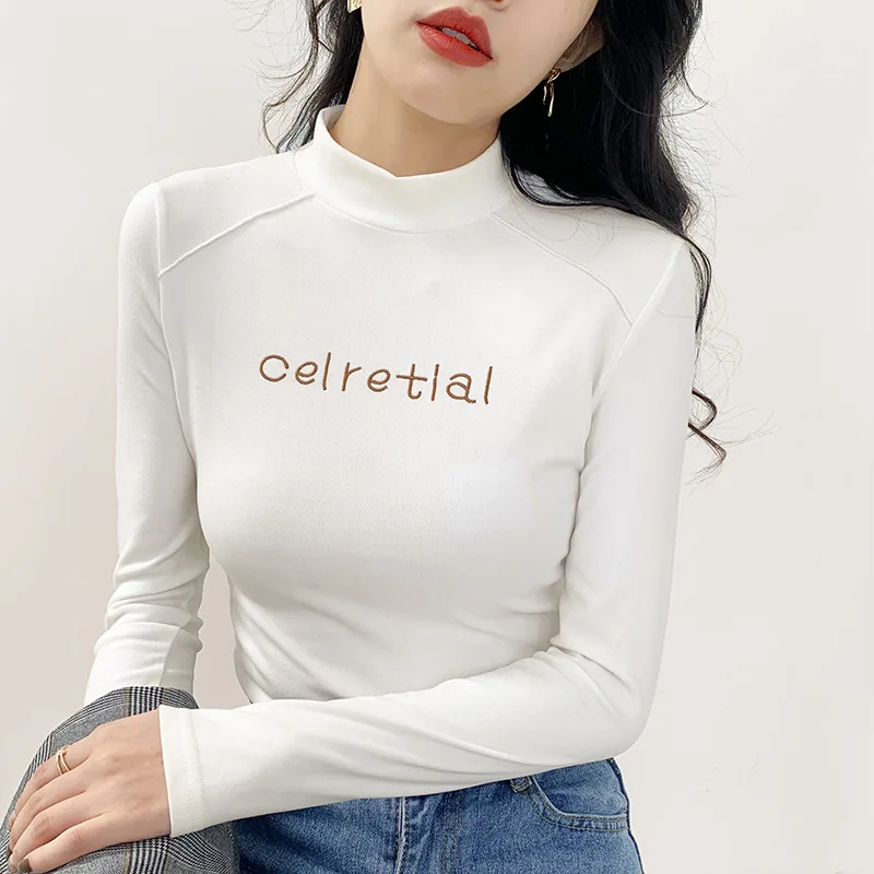 Slim Fit Bottoming Shirt Women Warm Velvet Turtleneck Tops White Embroidery Inner Wear Autumn Winter Womens T-shirt Korean Top
Slim Fit Bottoming Shirt Women Warm Velvet Turtleneck Tops White Embroidery Inner Wear Autumn Winter Womens T-shirt Korean Top