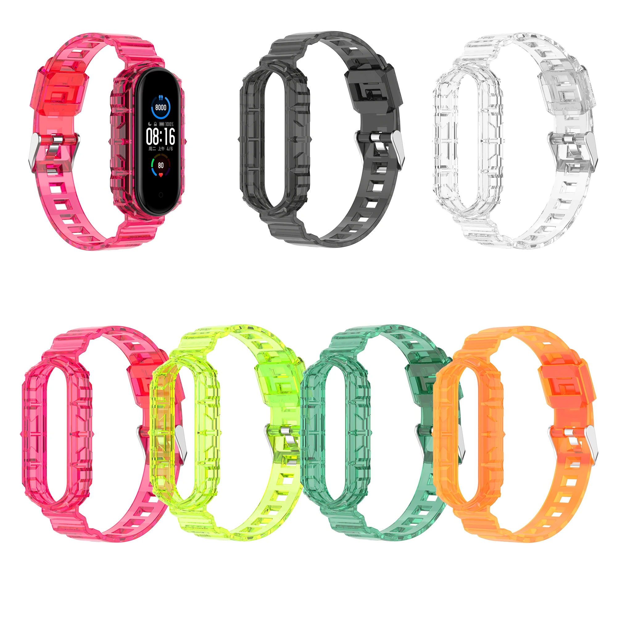 Силиконовый ремешок для Xiaomi Mi Band 6/5/4/3 цветной прозрачный мягкий ТПУ сменный