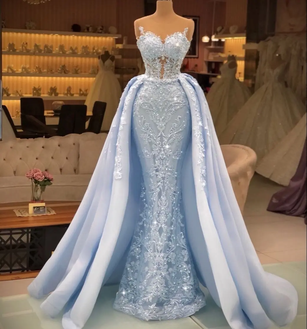 Sky Blue Evening Dresses with Detachable Skirt Sheer Jewel Neck Mermaid Prom Dress Party Lace Sweep Train Vestidos Formales
Sky Blue Evening Dresses with Detachable Skirt Sheer Jewel Neck Mermaid Prom Dress Party Lace Sweep Train Vestidos Formales