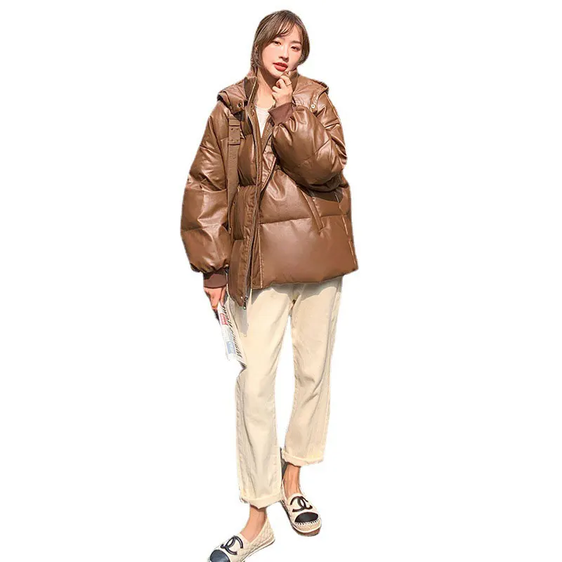 Winter New Real Shot PU Leather Down Padded Jacket Women Hooded Short Thick Parkas Bread Coat Korean Loose Cotton Outwear Female
Winter New Real Shot PU Leather Down Padded Jacket Women Hooded Short Thick Parkas Bread Coat Korean Loose Cotton Outwear Female