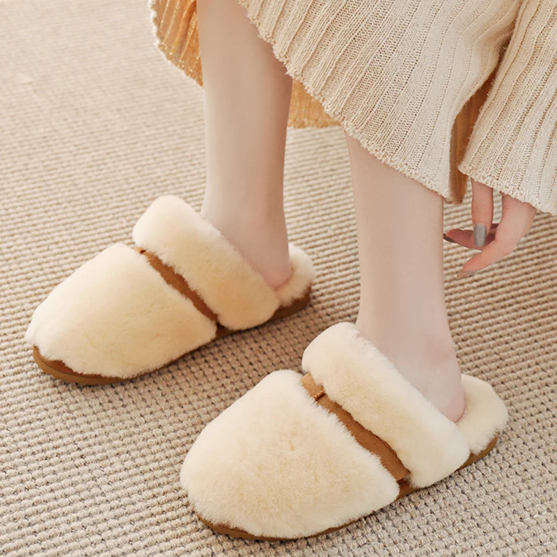 

Natural Sheepskin Home Slippers Fashion Winter Women Indoor Slippers Fur Slippers Warm Furry Wool Slipper Lady House Shoes Flats