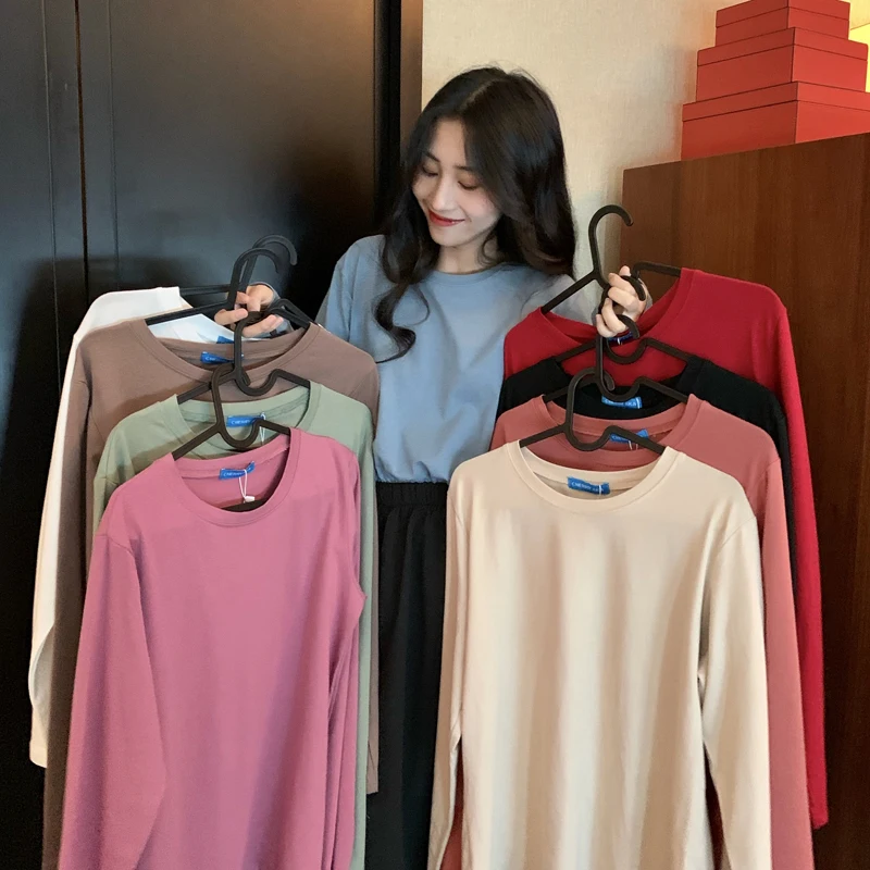 

9 colors 2019 autumn korean preppy style solid color basic cotton long sleeve t shirts womens tops tee shirt femme (C6571)