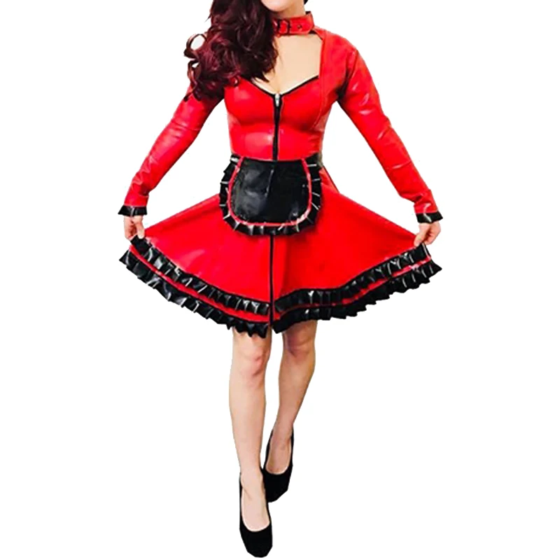 Red And Black Sexy French Maid Latex Dress With Apron Collar Belts Zipper At Back Rubber Uniform Playsuit Bodycon LYQ-0236
Red And Black Sexy French Maid Latex Dress With Apron Collar Belts Zipper At Back Rubber Uniform Playsuit Bodycon LYQ-0236