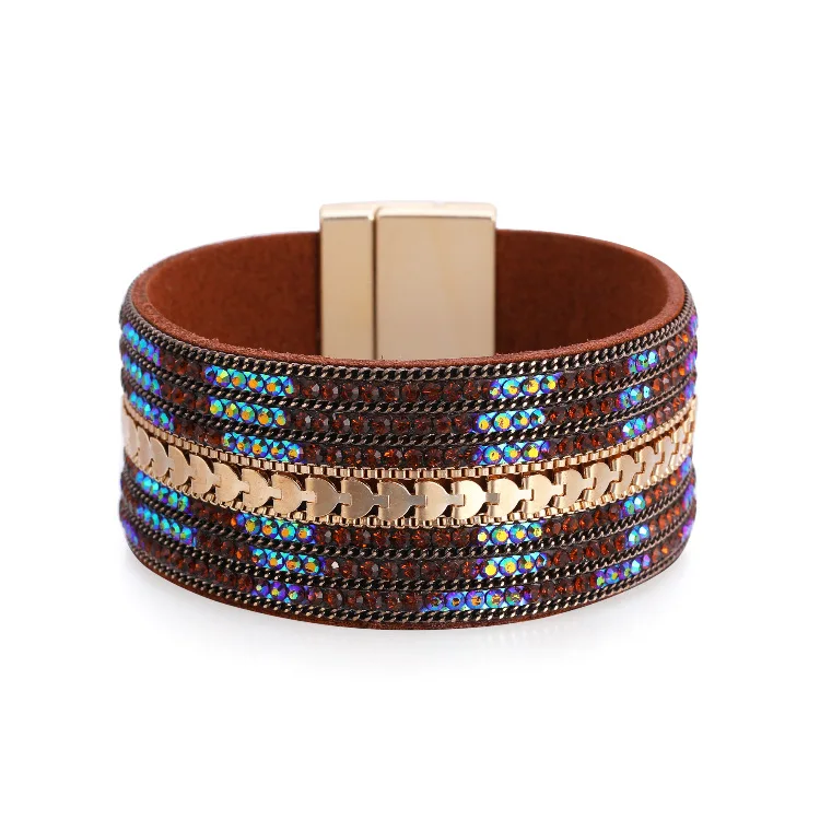 Charm Full of Diamond Genuine Leather Wide-sided Magnetic Buckle Women's Bracelet Exaggerated Female Bracelet Wild Cuff Bangle 
Charm Full of Diamond Genuine Leather Wide-sided Magnetic Buckle Women's Bracelet Exaggerated Female Bracelet Wild Cuff Bangle