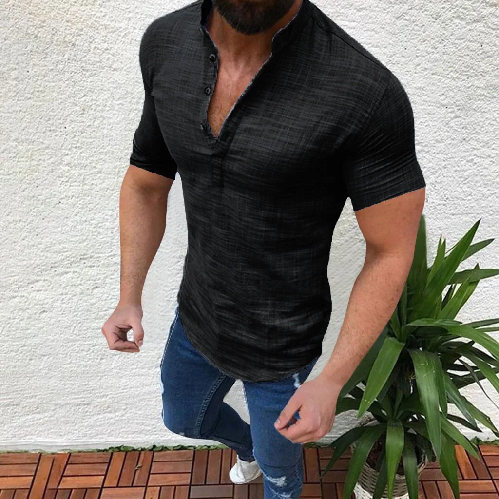 Мужская хлопковая рубашка с воротником-стойкой летняя свободная гавайская