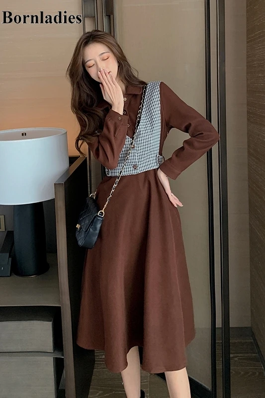 Bornladies 2021 New Spring Long-sleeved Korean Japan Trendy Style Sweet Dress Borwn Color Vest + Dress 2 Pieces Elegant Dresses
Bornladies 2021 New Spring Long-sleeved Korean Japan Trendy Style Sweet Dress Borwn Color Vest + Dress 2 Pieces Elegant Dresses