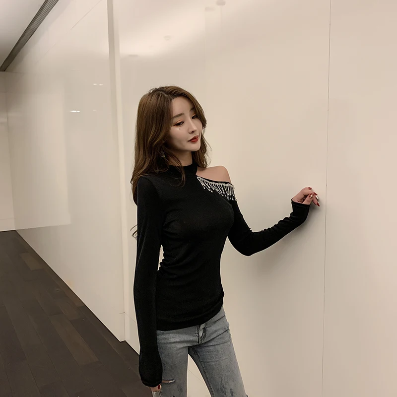 Sexy Off Shoulder Fashion Brand Black Tees Slim Hollow Out Tassel Long Sleeve T Shirts Halter Camiseta Feminina Autumn Style New
Sexy Off Shoulder Fashion Brand Black Tees Slim Hollow Out Tassel Long Sleeve T Shirts Halter Camiseta Feminina Autumn Style New