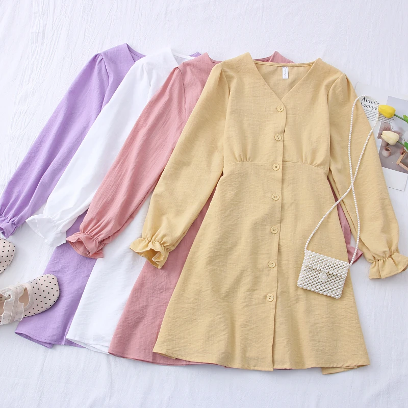 Elegant Spring Autumn Women Dress Casual Solid V-Neck Flare Sleeve Single-Breasted Button Female Dresses W138
Elegant Spring Autumn Women Dress Casual Solid V-Neck Flare Sleeve Single-Breasted Button Female Dresses W138