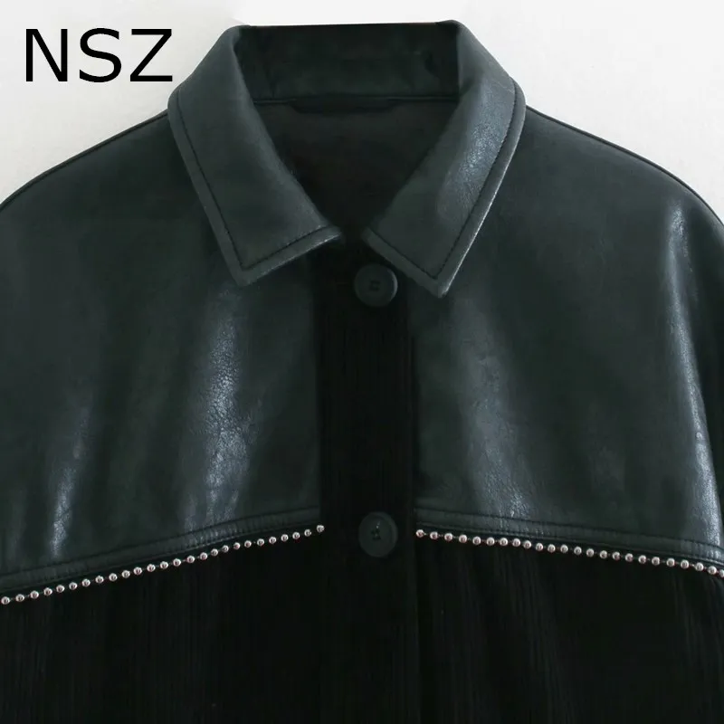 NSZ women black pu faux leather patchwork corduroy beaded oversized jacket fall fashion big loose coat long sleeve outerwear | Женская