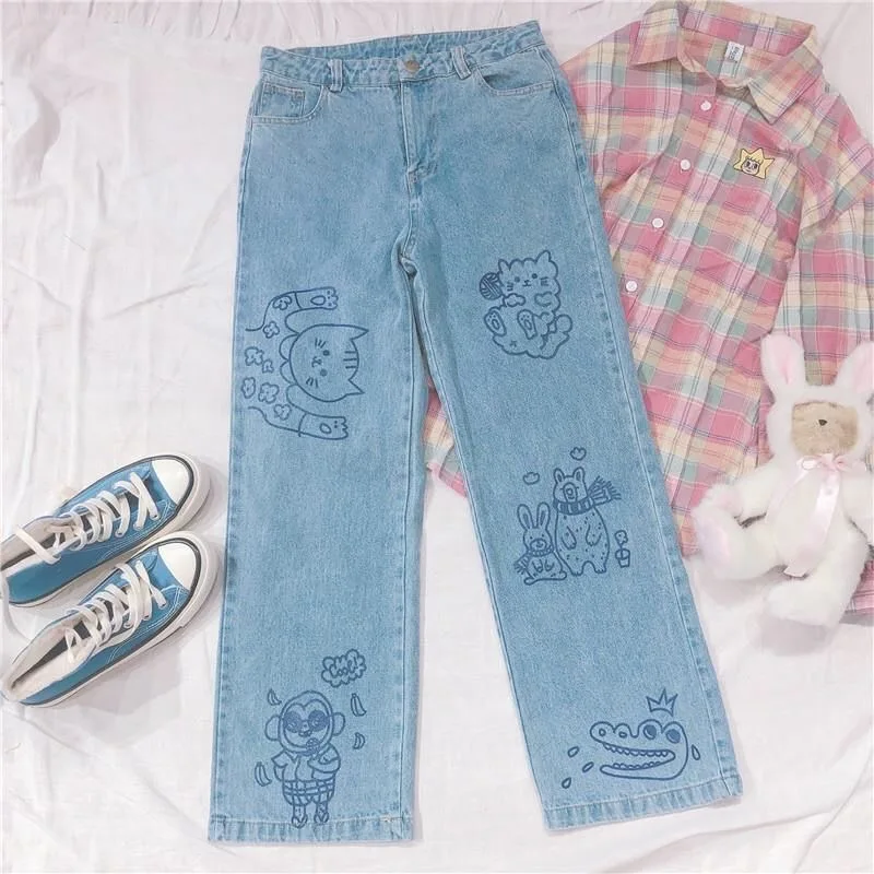 Japanese Sweet Women Cute Cartoon Print High Waist Jeans Korean Fashion Loose Straight Pants Girls Streetwear Casual Trousers
Japanese Sweet Women Cute Cartoon Print High Waist Jeans Korean Fashion Loose Straight Pants Girls Streetwear Casual Trousers