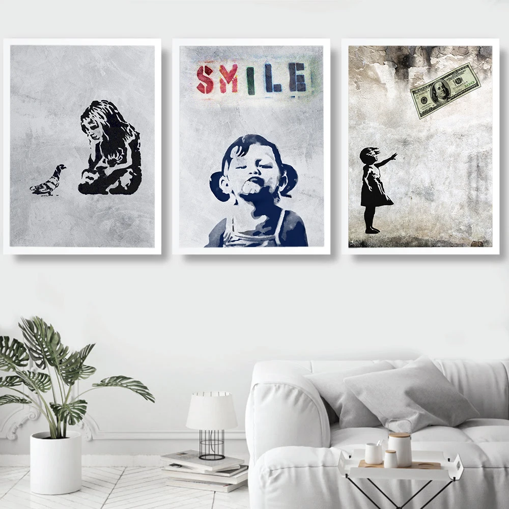 Abstract Banksy Graffiti Art Canvas Painting Posters and Prints Smile Quote Little Girl Boy Money Wall Canvas Picture Home Decor
Abstract Banksy Graffiti Art Canvas Painting Posters and Prints Smile Quote Little Girl Boy Money Wall Canvas Picture Home Decor
