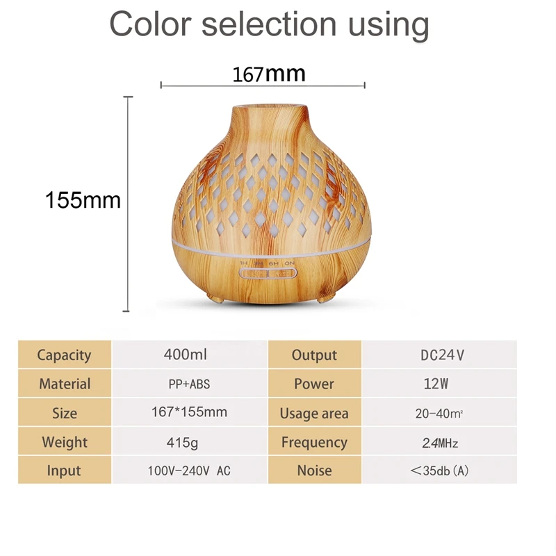 400Ml Air Humidifier Aroma Diffuser Aromatherapy Essential Oils Ultrasonic Humidifier Remote Control
400Ml Air Humidifier Aroma Diffuser Aromatherapy Essential Oils Ultrasonic Humidifier Remote Control