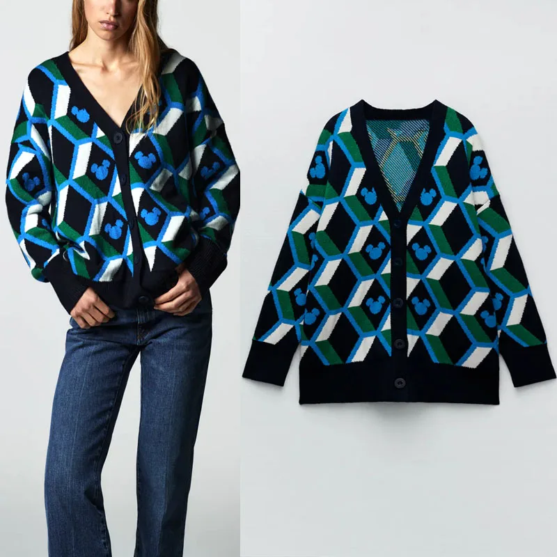 Женский вязаный жаккардовый кардиган Za, винтажный Свитер оверсайз с длинным рукавом и рисунком ромбиков, зимнее пальто 2021 
Женский вязаный жаккардовый кардиган Za, винтажный Свитер оверсайз с длинным рукавом и рисунком ромбиков, зимнее пальто 2021
