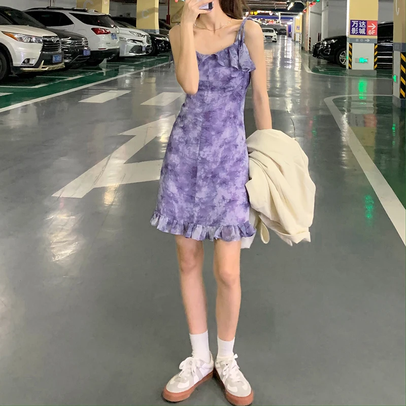 Tie Dye Dresses Purple Summer Girls Sexy Mini Short Dresses Slim Female Ruffles Straps Sleeveless Casual Dress For Womens DR216
Tie Dye Dresses Purple Summer Girls Sexy Mini Short Dresses Slim Female Ruffles Straps Sleeveless Casual Dress For Womens DR216