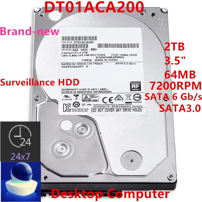 

New Original HDD For Toshiba Brand 2TB 3.5" SATA 6 Gb/s 64MB 7200RPM For Internal HDD For Surveillance HDD For DT01ACA200