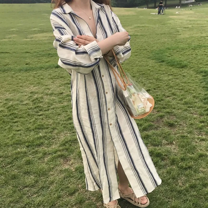 Korean Chic Simple All-Matching Lapel Single-Breasted Loose Casual Long Sleeves Shirt Striped Dress for Women
Korean Chic Simple All-Matching Lapel Single-Breasted Loose Casual Long Sleeves Shirt Striped Dress for Women