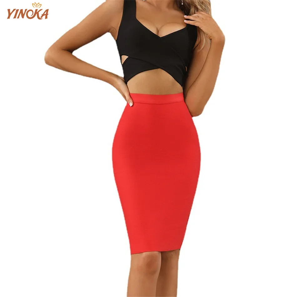 

Красная облегающая бандажная юбка Yinoka, Женская пикантная вечерняя обтягивающая юбка средней длины, модная вечерняя одежда для девушек в ст...